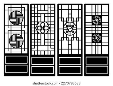 Traditional korean ornament frame pattern. Set of silhouette door and window antique decoration art vector illustration.