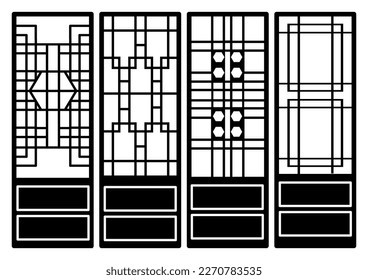 Traditional korean ornament frame pattern. Set of silhouette door and window antique decoration art vector illustration.