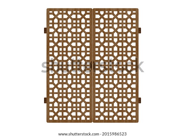 Traditional korean ornament frame pattern. Double\
door swing antique decoration art vector illustration. Natural\
color wood. Surface\
timber.