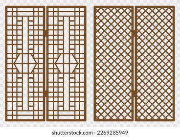 Traditional korean ornament wood frame pattern. Set of folding door and window antique decoration art vector illustration.