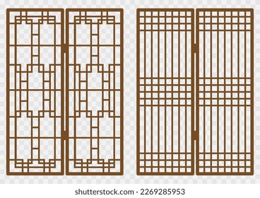 Traditional korean ornament wood frame pattern. Set of folding door and window antique decoration art vector illustration.