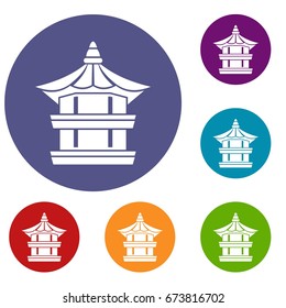 Traditional korean pagoda icons set in flat circle reb, blue and green color for web