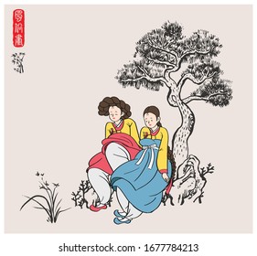 Traditional Korean painting style. Women in traditional Korean costumes.
Nature background with tree and rocks. (Red letter translation : 'Genre Painting')  