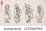 Traditional Korean Painting. Vector set of ink hand drawn - Men and women wearing traditional Korean clothes. (Red letter translation : 'Genre Painting')
