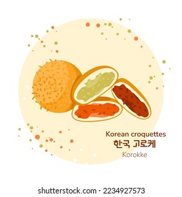 Traditional korean street food croquettes poster. Korean korokke. Translation from korean croquettes. Asian food snack with different filling. Vector illustration.