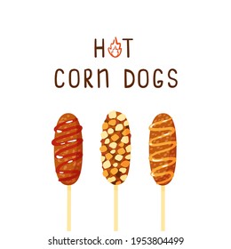 Traditional Korean street food - fried corn dog with ketchup and mustard. Hand-drawn cartoon style hot dogs with sausage and cheese, fried in bread crumbs. Set of vector illustrations with lettering