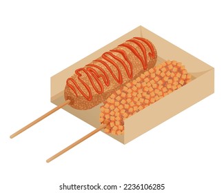 Tradicional comida callejera coreana - perro de maíz frito con ketchup. Perros calientes con salchichas, fritos en migas. La comida asiática. Ilustración vectorial colorida aislada en fondo blanco.