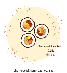 Traditional korean street food seaweed rice rolls with different filling poster. Korean gimbap. Translation from korean seaweed rice roll. Asian food snack. Vector illustration.