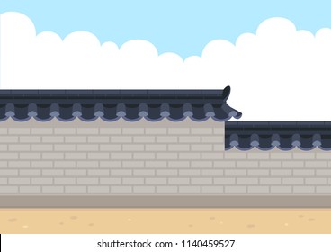 Traditional Korean style stone wall fence with sky background