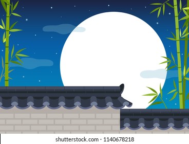 Traditional Korean style stone wall fence with bamboo on full moon night background