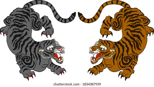 Traditional Korean tiger for tattoo design.Chinese tiger for printing on T-shirt.Tiger vector illustration for coloring or doodle art on background.Design for sticker and cartoon style.