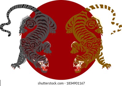 Traditional Korean tiger for tattoo design.Chinese tiger for printing on T-shirt.Tiger vector illustration for coloring or doodle art on background.Design for sticker and cartoon style.