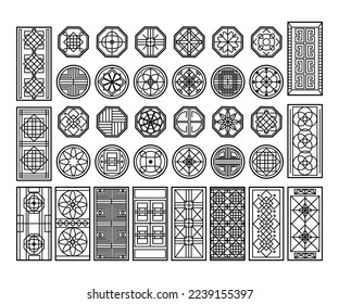 Patrón tradicional de ventana coreana. Ornamento de círculo, decoración de corte geométrico rectangular y elemento de diseño gráfico asiático conjunto vectorial de ilustración de diseño de ornamento tradicional de círculo