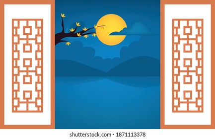 Traditional korean window vintage. Vector illustration viewing full moon scenery outside the tradional door. asian door