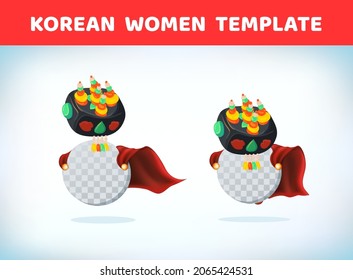 Traditional korean women hat. Masquerade costume headdress. Carnival or Halloween mask. Cartoon Vector illustration. Red cape. Cartoon template.