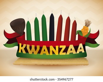 Traditional Kwanzaa Colorful Candles, Cup, Corn And Flag On Mat.