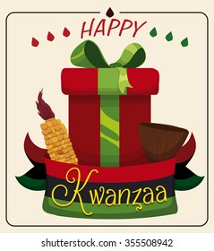 Traditional Kwanzaa cup, corn and gift tied with traditional ribbon