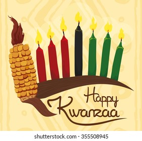 Traditional Kwanzaa elements with corn, candles and happy holiday message.