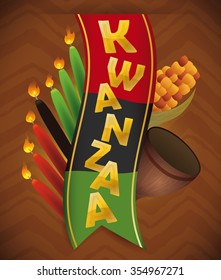 Traditional Kwanzaa elements on tribal design in brown background.