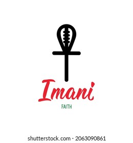 Traditional Kwanzaa symbols. Imani means Faith. Vector icon and lettering. Isolated on white background.