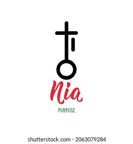 Traditional Kwanzaa symbols. Nia means Purpose. Vector icon and lettering. Isolated on white background.