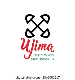 Traditional Kwanzaa symbols. Ujima means Collective Work and Responsibility. Vector icon and lettering. Isolated on white background.