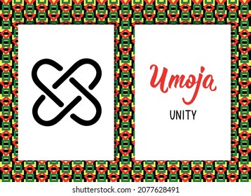 Símbolos tradicionales de Kwanzaa. Umoja significa Unidad. Icono vector y letras.