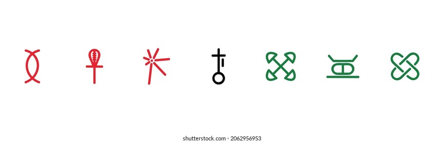 Traditional Kwanzaa symbols. Vector icon. Unity, Self Determination, Collective Work and Responsibility, Cooperative economics, Purpose, Creativity, Faith. Isolated on white background. 