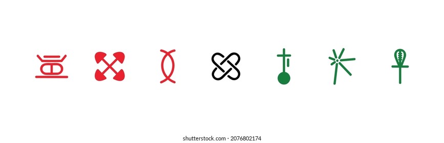 Traditional Kwanzaa symbols. Vector icon. Isolated on white background. Unity, Self Determination, Collective Work and Responsibility, Cooperative economics, Purpose, Creativity, Faith