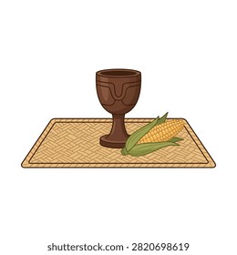 Traditional Kwanzaa table setting featuring a wooden chalice and fresh corn on a woven mat.