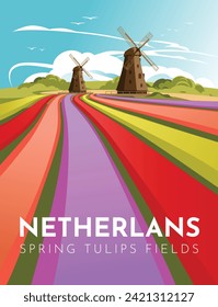 Traditional landscape of the Netherlands. Tulip fields and old windmills. European tourism and travel poster. Vector illustration