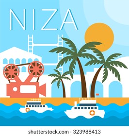 Traditional landscape and objects of Niza and cinema festival vector illustration