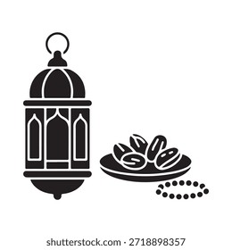 A traditional lantern dates on a plate and prayer beads illustration