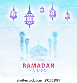 traditional lantern of Ramadan- Ramadan Kareem beautiful greeting card with arabic calligraphy which means Ramadan kareem 