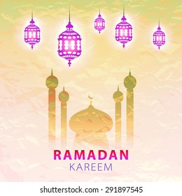 traditional lantern of Ramadan- Ramadan Kareem beautiful greeting card with arabic calligraphy which means Ramadan kareem 