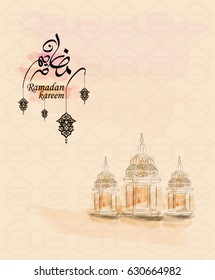traditional lantern of Ramadan- Ramadan Kareem beautiful greeting card with arabic calligraphy which means ''Ramadan kareem '' .