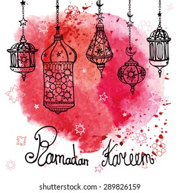 Traditional lantern of Ramadan Kareem. Doodle greeting card with Watercolor red splash. Muslim community. Hand drawing hanging arabic lamp, star and moon  background. Vector 