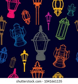 Traditional Lantern seamless pattern with blue background