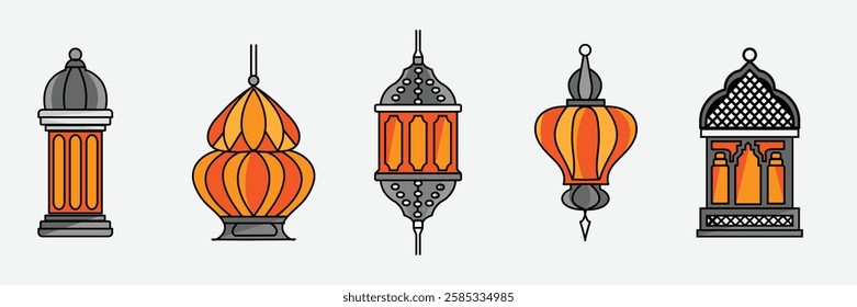 Traditional Lantern Vector Set – Arabic, Persian, Chinese New Year, and Festive Celebration Lanterns. Perfect for Ornaments, Decorations, Invitations, and Digital Art with Elegant, Colorful Designs.