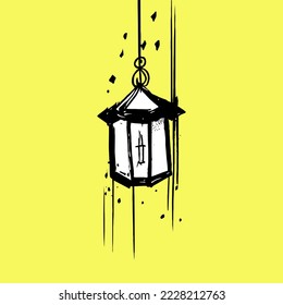 traditional lanterns garland. hanging golden lanterns, stars and moon vector illustration. abstract garland. abstract lineart lantern traditional