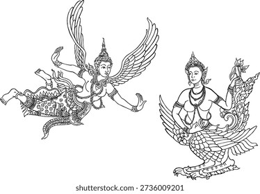 Traditional Lao art vector illustration of mythical creatures and deities, Kinnari and Hong bird symbols, Southeast Asian cultural line art for decoration and greeting cards.