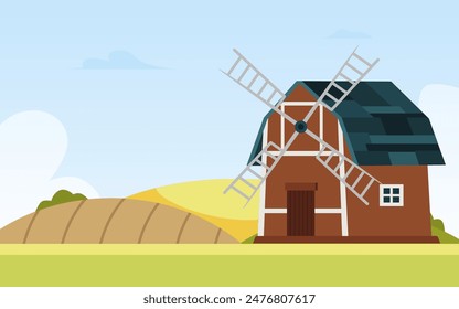 A traditional large Dutch windmill with wheat fields in the background. Countryside. Summer farming concept. A village building for grinding grain into flour. Vector illustration.