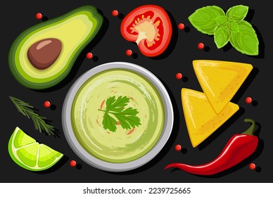 Traditional Latin American Mexican guacamole sauce in a bowl and slice half an avocado on a dark background. View from above. Avocado, tomato, lime, chili pepper.