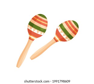 Traditional Latin maracas. Folk Mexican rattle music instrument with bright striped balls and wooden handles. Hispanic rumba shakers. Colored flat vector illustration isolated on white background