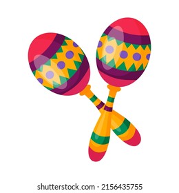 Traditional Latin maracas. Folk Mexican rattle music instrument with bright striped balls and wooden handles. 