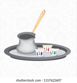 Traditional Lebanese Turkish  Coffee Pot with Coffee Cups on Silver Tray - Vector Illustration Isolated Icon
