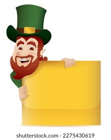 Traditional Leprechaun with gold tooth in his smile and green top hat, holding a golden sign template. Design in gradient effect.