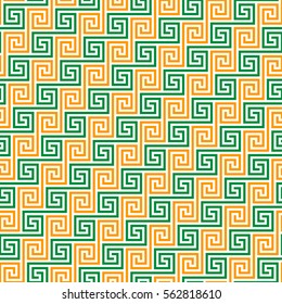 Traditional letter "S" shape pattern on white - seamless, repeating, tile, overlapping (Green and orange on white background)