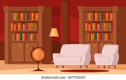 Traditional library interior flat orthogonal composition with bookshelves terrestrial globe lamp comfortable couches carpet vector illustration 