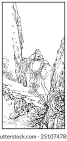 A traditional line art illustration depicting two robed figures walking through a mountainous landscape, surrounded by steep cliffs and intricate natural rock formations.